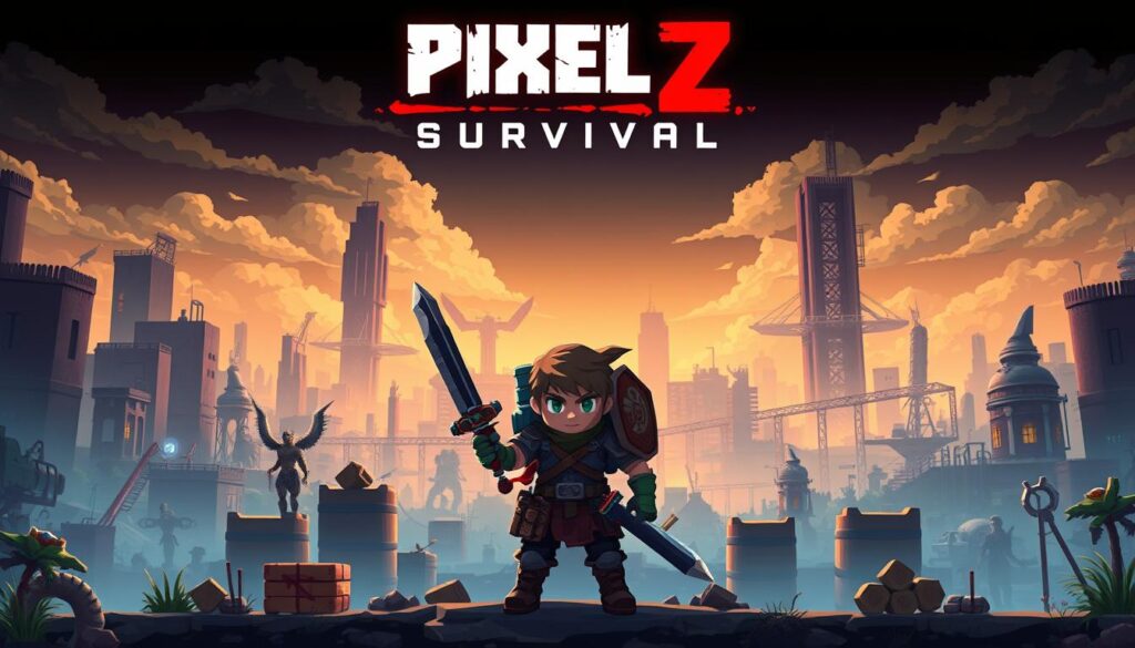 A detailed, highly detailed pixel art scene showcasing the features and highlights of the Pixel Z Survival APK. The foreground depicts the main character, a pixelated warrior, equipped with a range of weapons and tools, such as a sword, shield, and backpack. The middle ground features various interactive elements like crates, barrels, and environmental obstacles. The background presents a sprawling, dystopian landscape with towering, blocky buildings, ominous clouds, and a moody, retro-futuristic color palette. The lighting is dramatic, with bold contrasts and a sense of urgency, capturing the essence of the survival experience. The overall composition emphasizes the pixel-based aesthetic, immersing the viewer in the gritty, pixelated world of Pixel Z Survival.