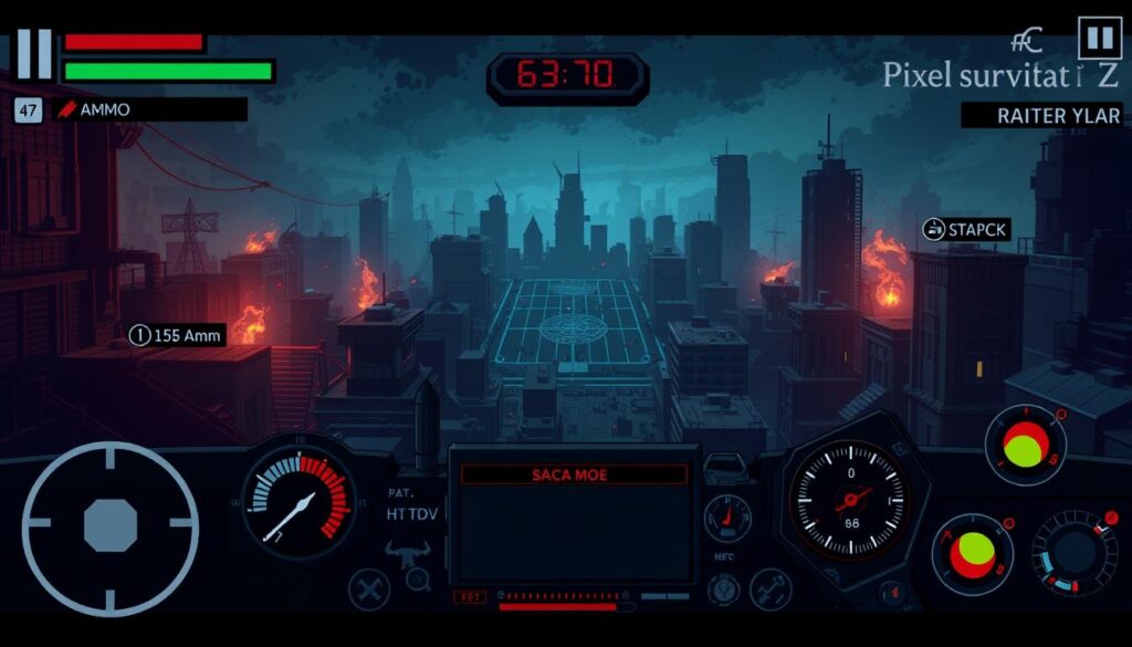 A detailed pixel art-styled user interface for the survival mode of Pixel Combat Z. In the foreground, a grid-based layout showcases various controls and meters, including health, ammo, and stamina. In the middle ground, a tactical map highlights the player's location and nearby enemies. The background features a gritty, post-apocalyptic cityscape, with moody lighting and a sense of impending danger. The overall aesthetic is a seamless blend of functionality and atmospheric tension, perfectly suited for the intense gameplay of Pixel Combat Z's survival mode.