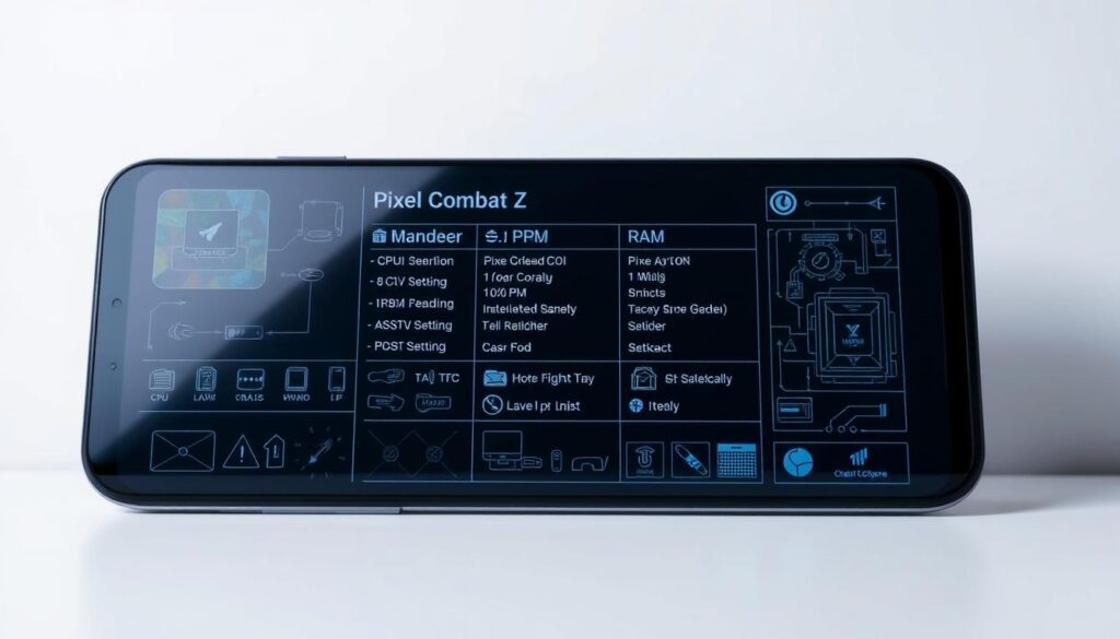 A detailed, technical schematic of the "Pixel Combat Z Survival" application's system requirements, presented against a clean, minimalist backdrop. The foreground features a sleek, high-resolution display showcasing the app's hardware and software specifications, with icons and infographic elements clearly denoting CPU, RAM, storage, and other key requirements. The middle ground incorporates subtle technical diagrams and schematics, while the background maintains a serene, neutral tone to allow the essential information to take center stage. Subtle lighting and camera angles lend a sense of precision and professionalism to the overall composition, creating a visually striking and informative image to accompany the article's "System Requirements and Device Compatibility" section.