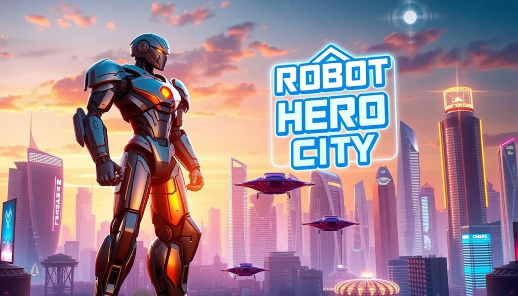 A futuristic city skyline at dusk, bathed in a warm glow. In the foreground, a towering robotic hero stands vigilant, its metallic frame gleaming under detailed lighting. In the middle ground, floating cars and hovercraft dart between sleek, high-rise buildings adorned with neon signage. The background is filled with a vibrant, holographic display showcasing the game's logo and title, "Robot Hero City APK." The scene conveys a sense of technological prowess, dynamic action, and a captivating, immersive gaming experience.
