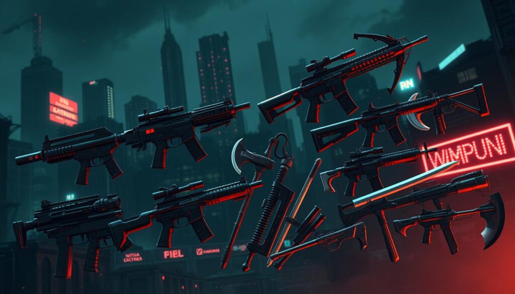 A gritty, pixel-art inspired arsenal of zombie-slaying weapons. In the foreground, a variety of retro-futuristic firearms - plasma rifles, pixelated pistols, and a futuristic crossbow - float in a moody, neon-tinged battle-ready arrangement. In the middle ground, a selection of melee weapons - pixelated axes, swords, and maces - appear ready for close-quarters combat. The background features a shadowy, post-apocalyptic cityscape, with crumbling skyscrapers and flickering neon signs casting an ominous glow over the scene. The overall mood is one of tense, high-stakes confrontation, with the player's formidable arsenal poised to take on the undead hordes.