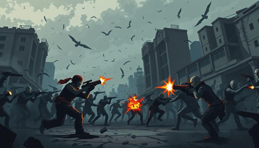 A gritty, pixel-art style scene depicting a chaotic multiplayer match of "Pixel Combat Zombie". In the foreground, two players armed with pixelated weapons engage in a fierce battle, their pixel avatars locked in combat. Zombies, rendered in a low-resolution but highly detailed style, swarm the arena, adding to the frenzied atmosphere. The middle ground features a ruined, post-apocalyptic cityscape, with dilapidated buildings and scattered debris creating a sense of urban decay. The background is shrouded in an eerie, moody lighting, with an ominous sky hinting at the game's dark, survival-horror themes. The overall composition should convey the intensity, action, and high-stakes nature of the "Pixel Combat Zombie" multiplayer experience.