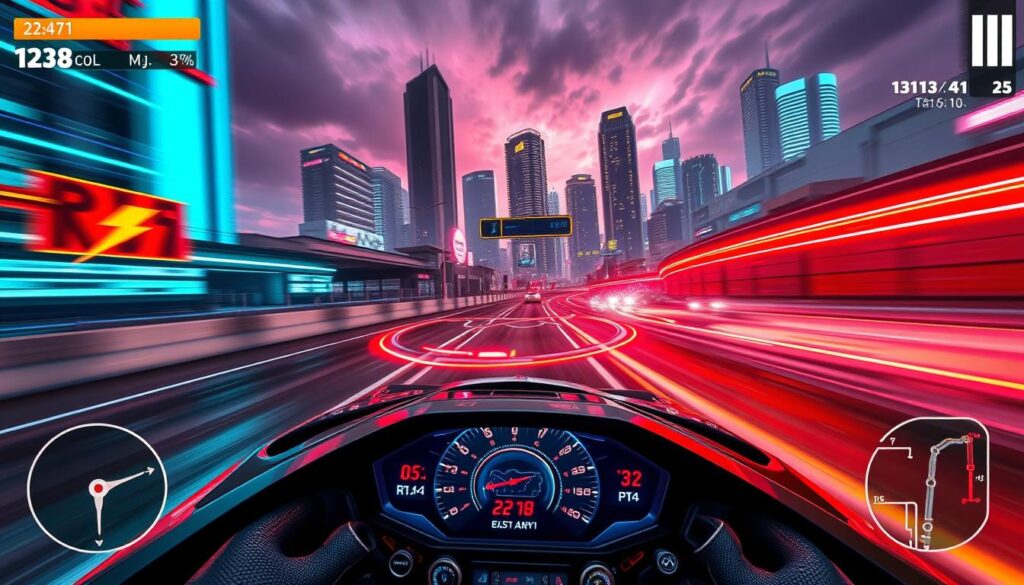 A high-intensity, futuristic 3D Street Car Racer Drift game interface. In the foreground, a bold, sleek dashboard display showcases vital race statistics and controls. The middle ground features a stylized map of a neon-lit urban circuit, with sharp turns and drifting lines. In the background, a dynamic, cinematic camera angle captures the race from a dramatic low perspective, with towering skyscrapers and a moody, cyberpunk-inspired skyline. Vibrant color palettes, dynamic lighting, and a sense of speed and momentum create an immersive, high-octane visual experience.