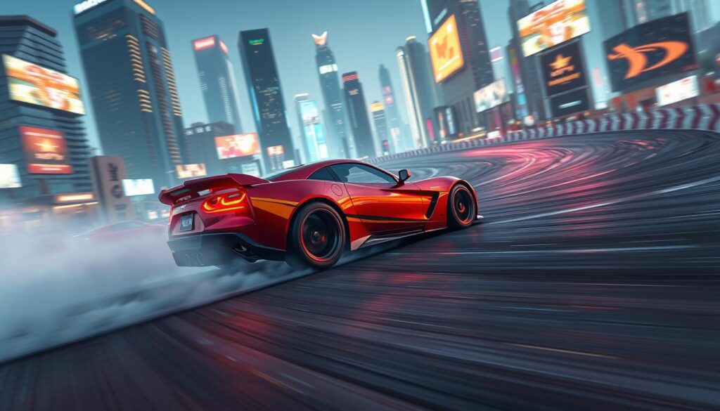 A high-speed street car drifting on a winding 3D racetrack, tires smoking and engine roaring. The driver leans into the turn, the car's body low and sleek, its angular design and vibrant metallic paint catching the light. The track winds through a cityscape of towering skyscrapers and neon-lit billboards, creating a sense of urban energy and technological sophistication. Dramatic shadows and highlights accentuate the car's contours, while depth-of-field blur and motion blur convey a visceral sense of speed and momentum. The overall scene radiates a futuristic, high-octane visual experience with exceptional 3D graphics quality.