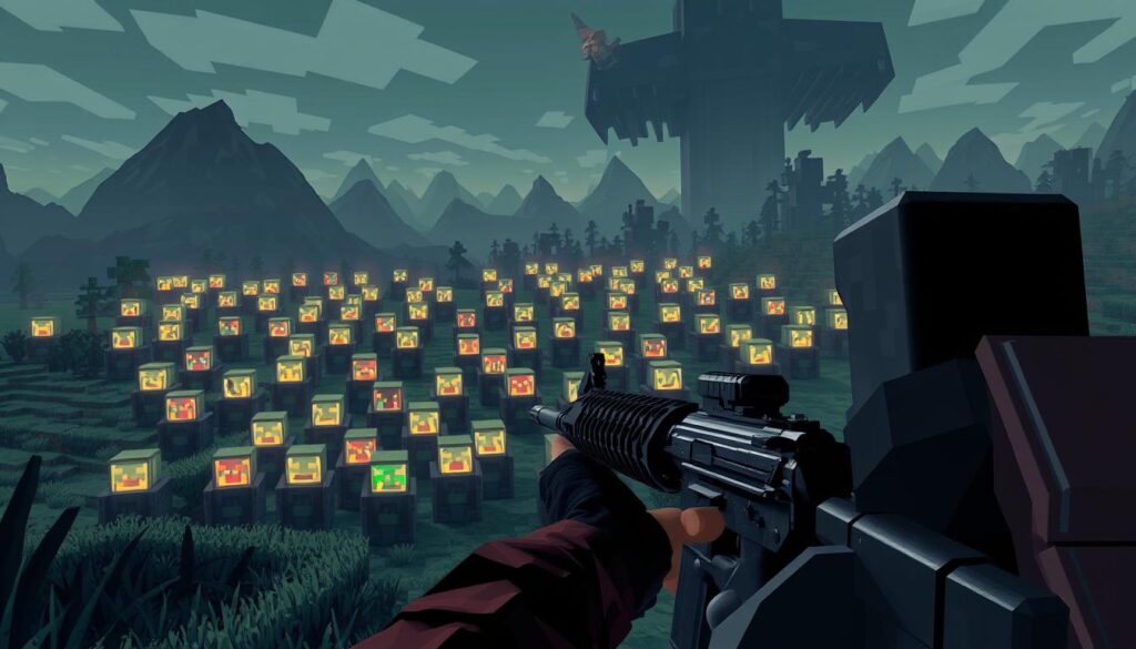 A retro-styled, Minecraft-inspired shooter scene set in a blocky, low-poly world. In the foreground, a heavily-armed player character crouches behind cover, assault rifle at the ready, scanning the environment for hostile mobs. In the middle ground, waves of pixelated, cube-shaped enemies swarm towards the player, their glowing eyes and mouths bared in a menacing display. The background features a sprawling, stylized landscape of jagged mountains, dense forests, and ominous, looming structures - all rendered in a distinct, angular voxel art style. The scene is illuminated by a moody, atmospheric lighting, casting long shadows and creating a sense of tension and adventure. The overall mood is one of tense, fast-paced combat set against a familiar, nostalgic Minecraft-inspired aesthetic.