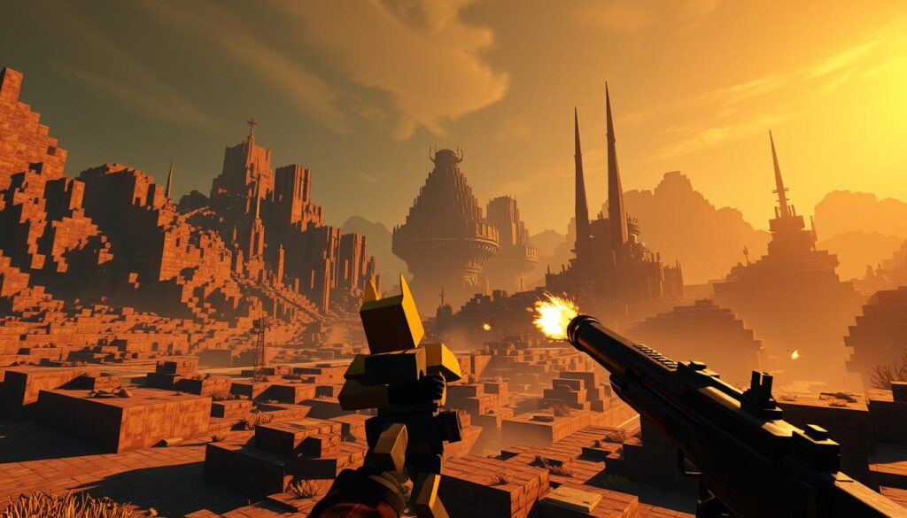 A vast, blocky world of Minecraft-inspired graphics, bathed in warm, directional lighting that casts deep shadows. Rugged, low-poly terrain dotted with weathered structures and towering spires. A player avatar in the foreground, wielding a sleek, retro-futuristic weapon, crouched and ready for combat. The air is thick with the energy of a heated firefight, punctuated by the staccato of pixelated gunfire and muzzle flashes. The overall atmosphere is one of tense, gritty survival in a hostile, procedurally generated environment.