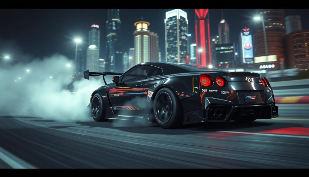An atmospheric, realistic 3D rendering of a modern sports car drifting on a winding city street at night. The car is a sleek, customized model with a glossy black finish, visible racing details, and neon underglow. It is tearing through the turn, its tires kicking up plumes of smoke. The scene is lit by the vibrant neon lights of the city skyline in the background, casting dramatic shadows and highlights across the car's dynamic form. The camera angle is low and close, capturing the exhilaration and power of the drift from an immersive, first-person perspective.