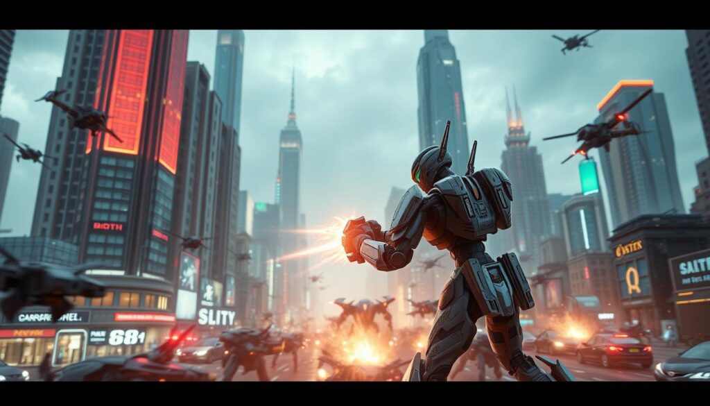 Futuristic cityscape with soaring skyscrapers, neon-lit streets, and a bustling metropolis filled with flying cars and advanced robotics. In the foreground, a heroic robot fighter with a sleek, metallic exoskeleton and glowing energy weapons engages in an intense battle against a horde of menacing robotic adversaries. Dynamic camera angles capture the high-octane action, with dramatic lighting and depth of field creating a cinematic atmosphere. Intricate details in the background showcase the advanced technology and innovation of the "Robot Hero City", setting the stage for thrilling missions and objectives.