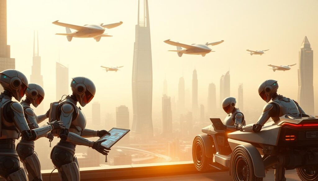 a highly detailed, 3D rendered, photorealistic image of a futuristic city skyline, with towering skyscrapers and flying cars soaring through the air. In the foreground, a group of sleek, humanoid robots are customizing and upgrading their vehicles, using advanced holographic interfaces and robotic manipulators. The robots are showcasing a wide variety of customization options, from sleek aerodynamic bodies to colorful paint schemes and specialized attachments. The scene is bathed in a warm, golden light, creating a sense of technological sophistication and progress. The background features a hazy, futuristic cityscape, with glowing towers and flying transports in the distance, conveying a sense of a highly advanced, urban landscape.